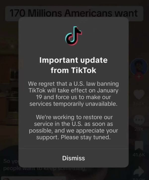 即将正式关停！TikTok 通知美国用户将暂停服务