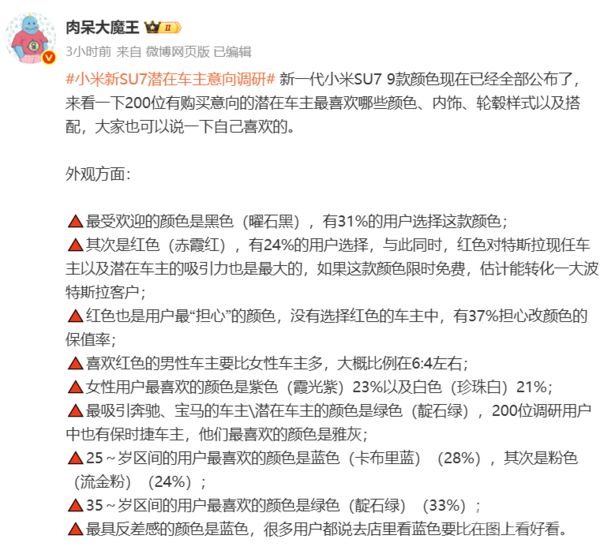 新一代SU7潜在车主意向调研公布:曜石黑配色最受欢迎 新一代SU7潜在车主意向调研公布:曜石黑配色最受欢迎