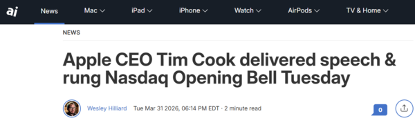 相关报道 库克在Apple Park敲响纳斯达克开盘钟 并发表演讲