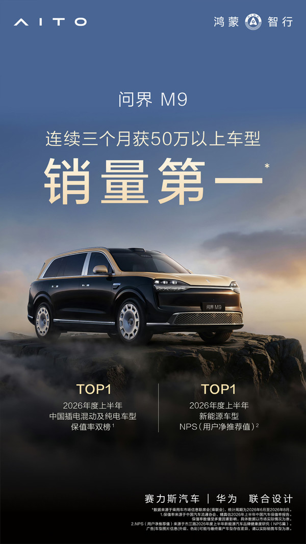 鸿蒙智行：问界M9连续3个月蝉联50万以上销量TOP1